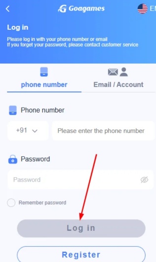 enter details for login in Goa win game