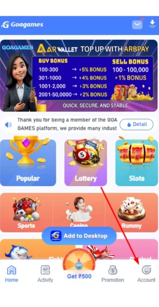 Choose deposit option and enter deposit amount